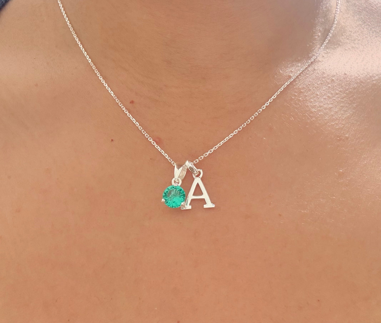 Silver Initial birthstone pendant necklace