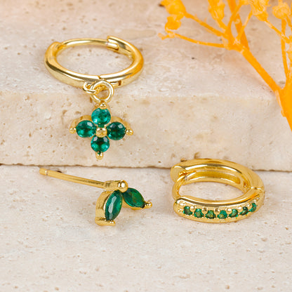 Green Flower Set of 3 Earrings
