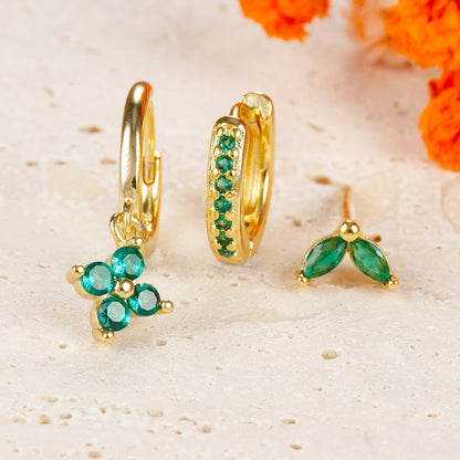 Green Flower Set of 3 Earrings